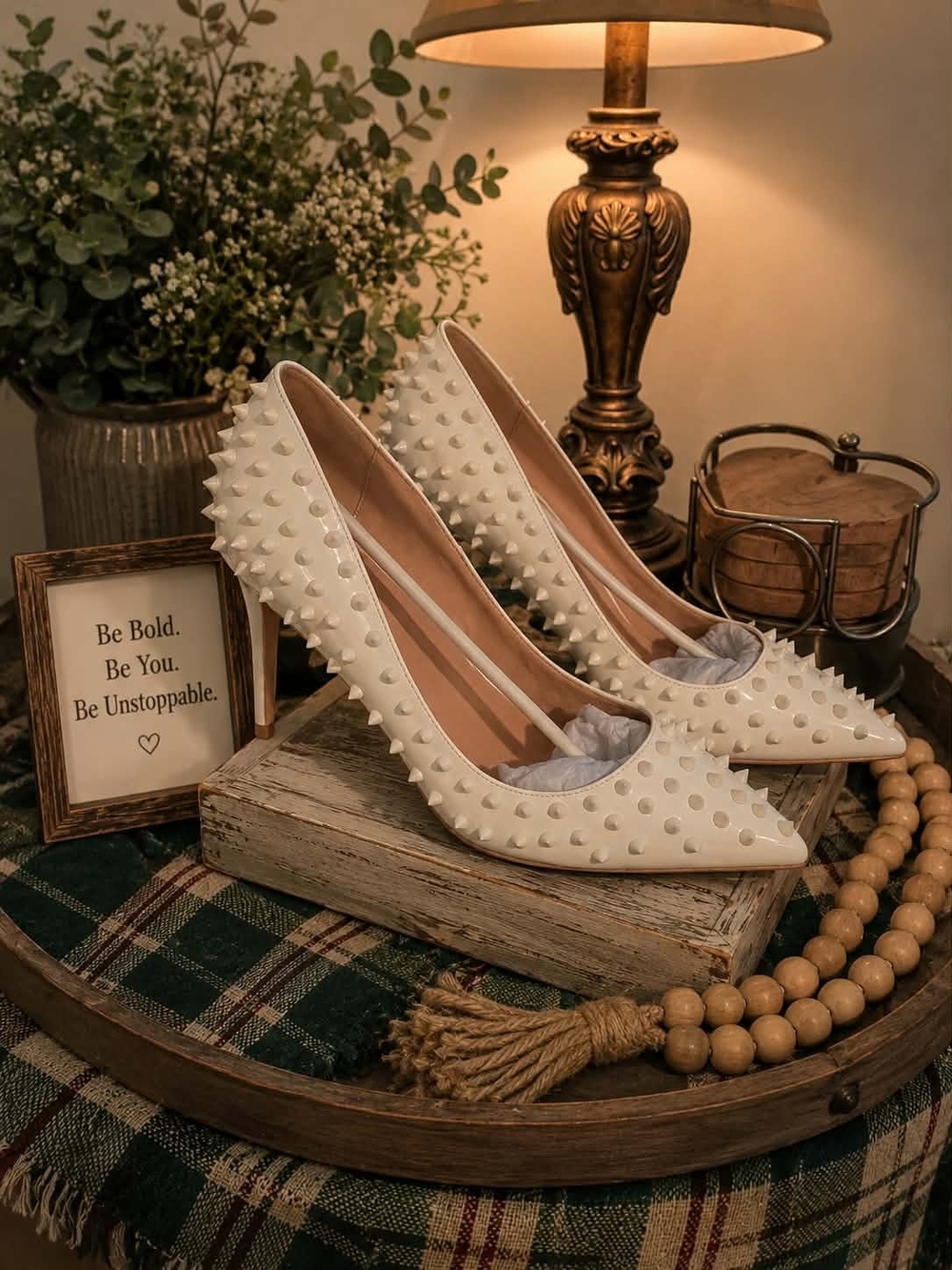 Studded Pointed-Toe Pumps in Cream
